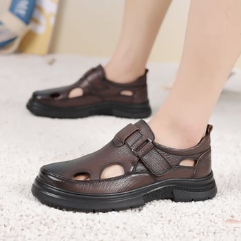 Ljeto Baotou s Velcro zatvaračem i perforacijama, muške sandale za plažu od prave kože, debeli potplat, protiv klizanja, prozračne