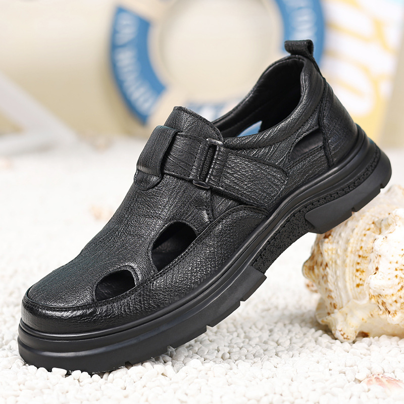 Ljeto Baotou s Velcro zatvaračem i perforacijama, muške sandale za plažu od prave kože, debeli potplat, protiv klizanja, prozračne