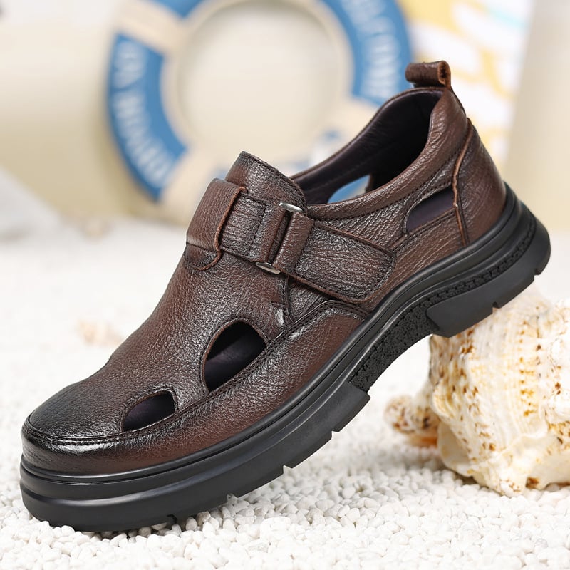 Ljeto Baotou s Velcro zatvaračem i perforacijama, muške sandale za plažu od prave kože, debeli potplat, protiv klizanja, prozračne