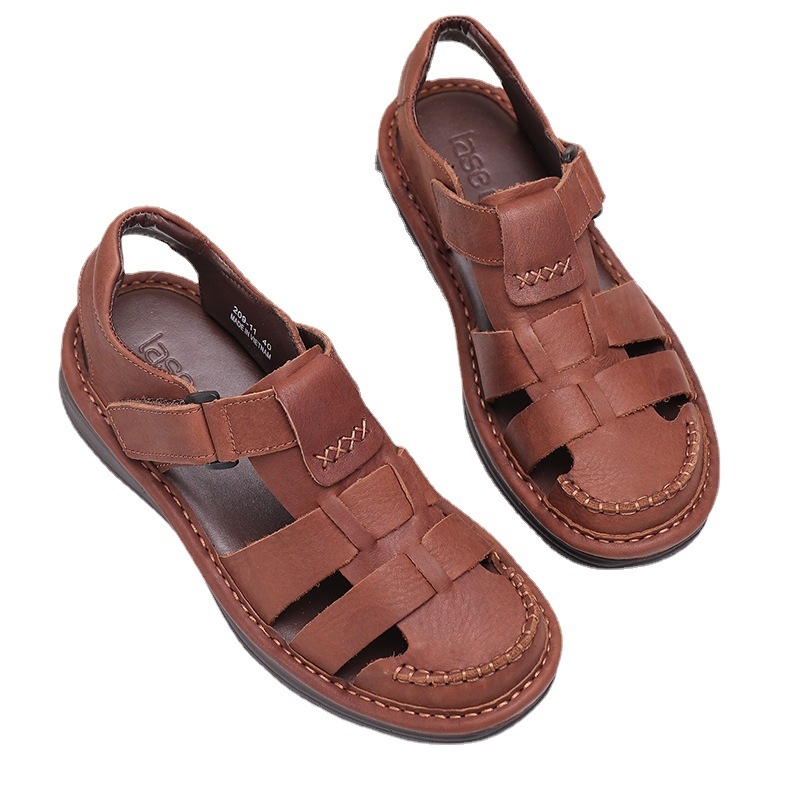 Sandale din piele pentru bărbați, Velcro, vârf închis, confortabile, vară, pentru plajă