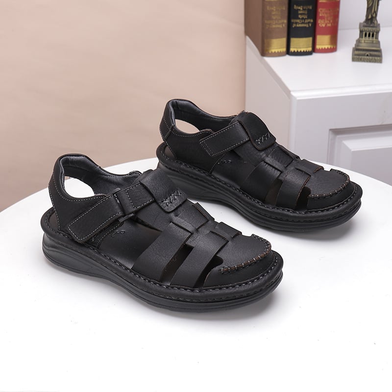 Sandale din piele pentru bărbați, Velcro, vârf închis, confortabile, vară, pentru plajă