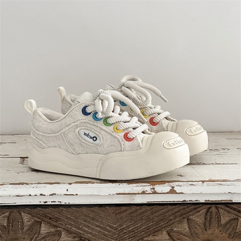 Qisa 58093 Platnene tenisice u stilu White Deer, Smiley, otvoreni vrh prsta, unutarnja podizna visina, debela potplata, okrugli vrh, crno-bijele