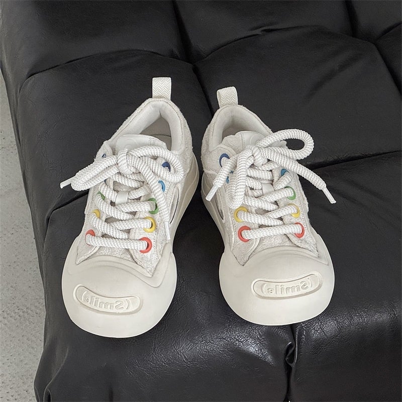 Qisa 58093 Platnene tenisice u stilu White Deer, Smiley, otvoreni vrh prsta, unutarnja podizna visina, debela potplata, okrugli vrh, crno-bijele