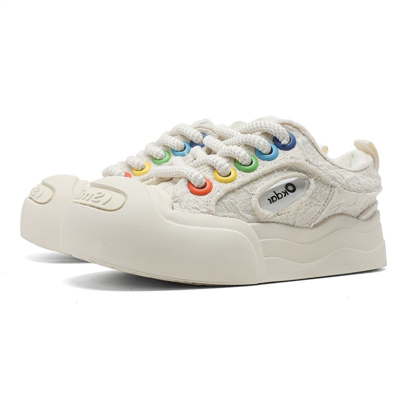 Qisa 58093 Platnene tenisice u stilu White Deer, Smiley, otvoreni vrh prsta, unutarnja podizna visina, debela potplata, okrugli vrh, crno-bijele
