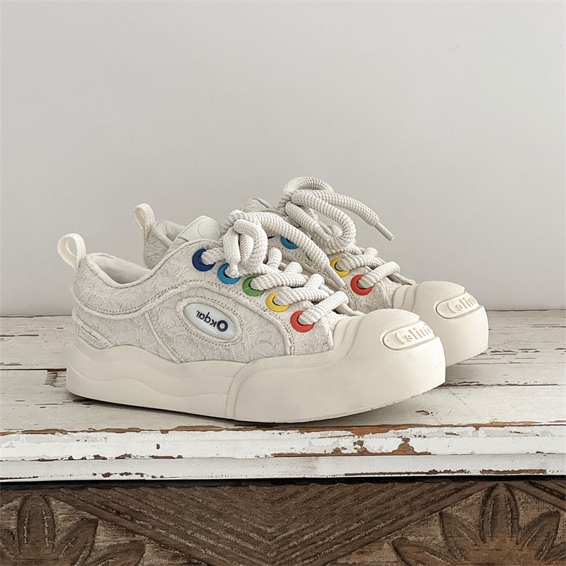 Qisa 58093 Platnene tenisice u stilu White Deer, Smiley, otvoreni vrh prsta, unutarnja podizna visina, debela potplata, okrugli vrh, crno-bijele