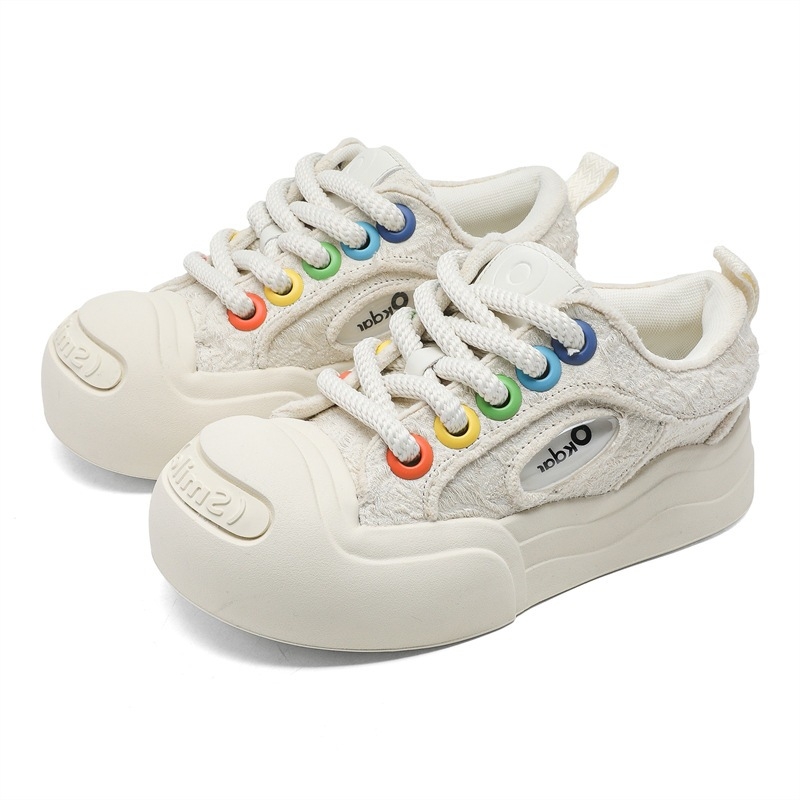 Qisa 58093 Platnene tenisice u stilu White Deer, Smiley, otvoreni vrh prsta, unutarnja podizna visina, debela potplata, okrugli vrh, crno-bijele