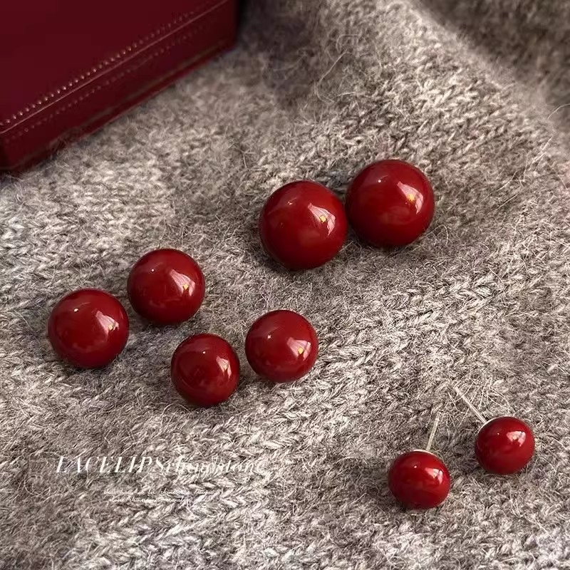 Naušnice od srebra 999, burgundske boje, u obliku graha, za žene, s ugrađenim perlama, retro Hong Kong stil