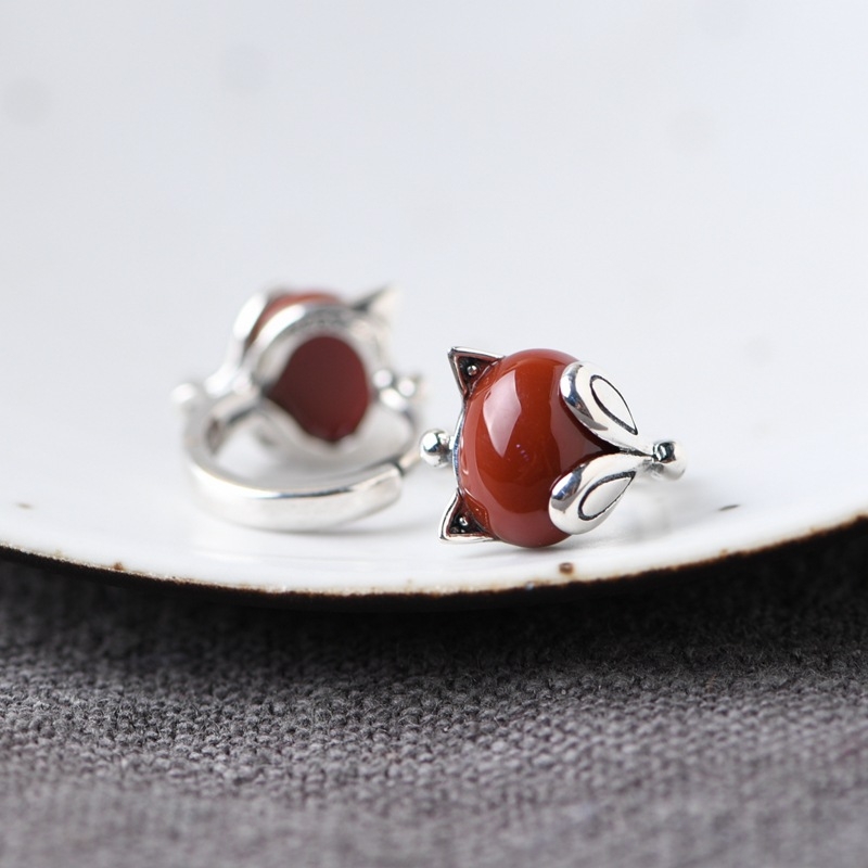 S925 srebrne naušnice s motivom lisice, južno crveni ahat – retro umjetnički nakit za žene