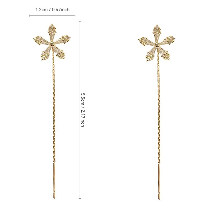 Zlatne naušnice s cvijetom i resicama od cirkonija, za žene – elegantan, minimalistički dizajn