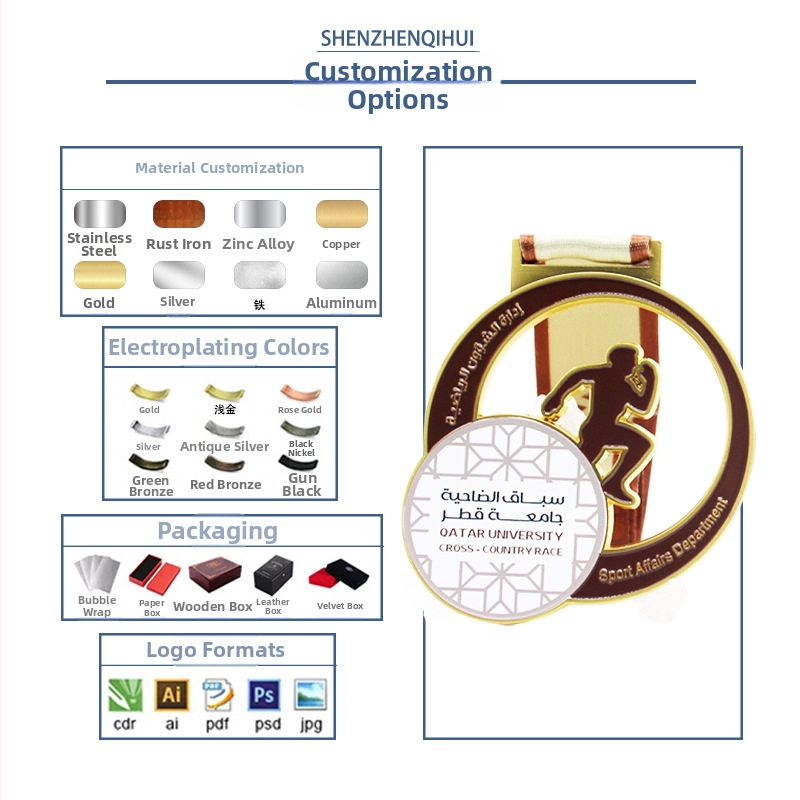 Medalja za atletska natjecanja od cinkovog legura, prilagodljiv logotip, litje pod tlakom, geometrijski oblik, drvena kutija
