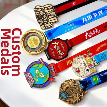 Metalne medalje za maraton zlatne i srebrne s emajliranim završetkom, prigodne značke za ljetne kampove i sportske događaje
