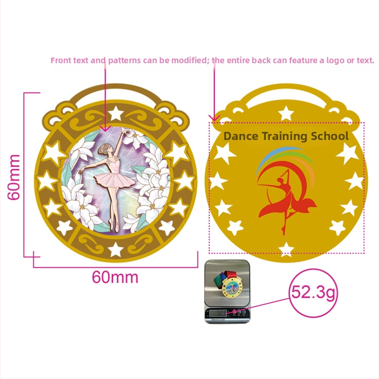 Dječja medalja za etnički ples, 60 mm, legura cinka, pozlaćeni premaz, mogućnost prilagodbe