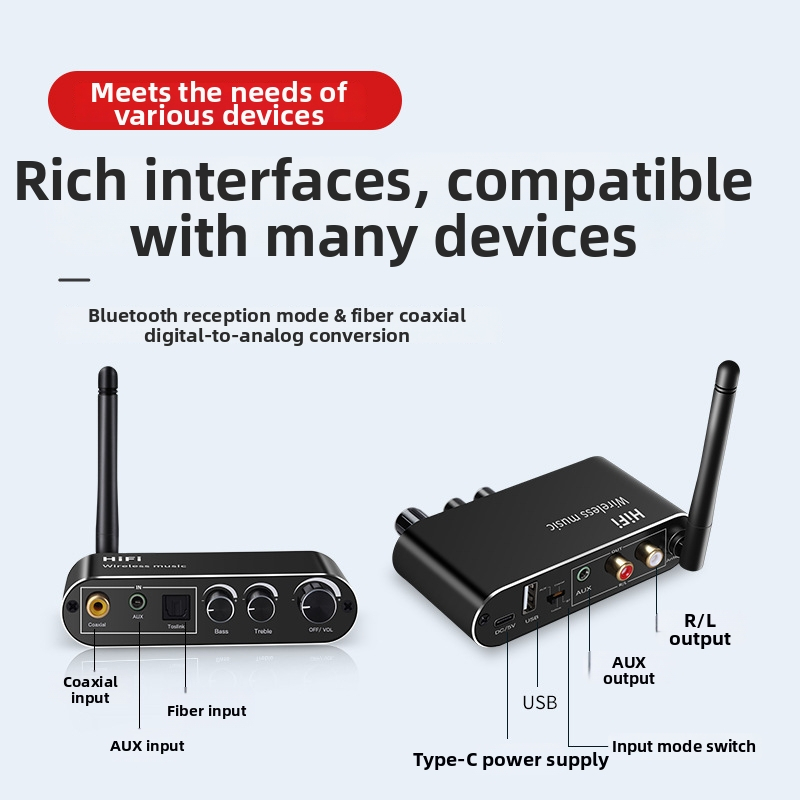 Bluetooth 5.1 RCA prijímač, digitálny na analógový audio konvertor s optickým a koaxiálnym výstupom, podpora USB flash disku, diaľkové ovládanie - T01