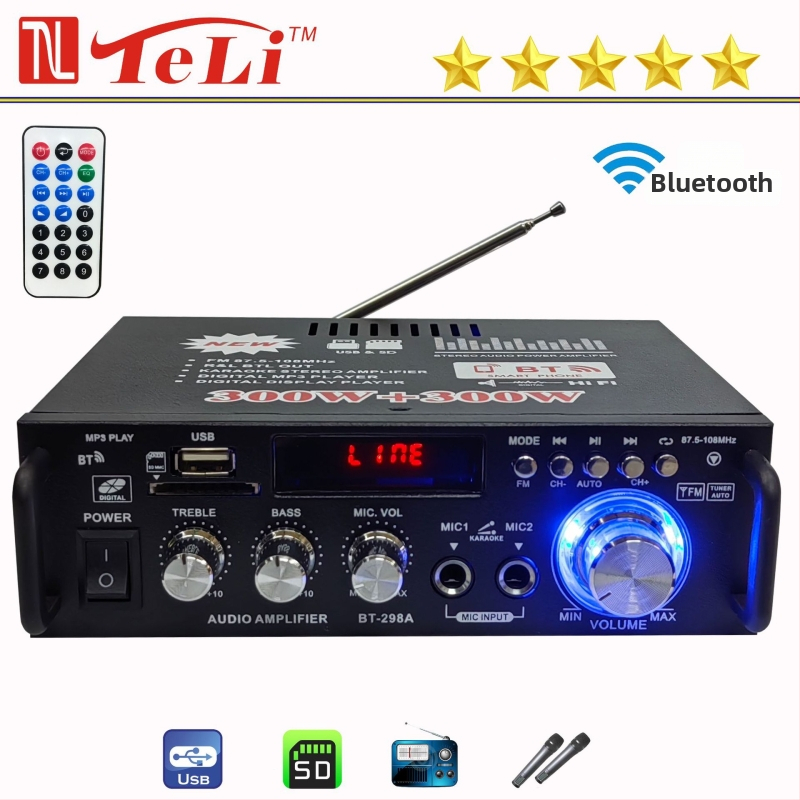 Mini Bluetooth USB rádio prijímač a Hi-Fi zosilňovač do auta a domova BT-298A (12V/220V AC/DC)