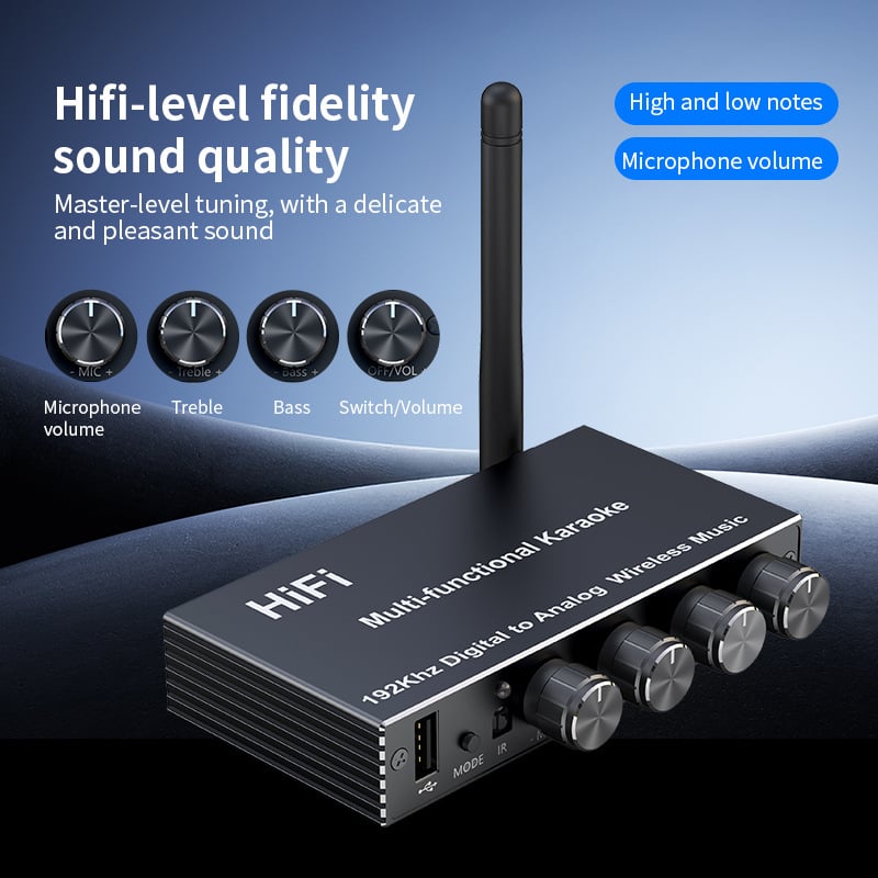 Bluetooth 5.4 приемник и цифрово-аналогов аудио конвертор, възпроизвеждане от USB диск, дистанционно управление на микрофона за караоке