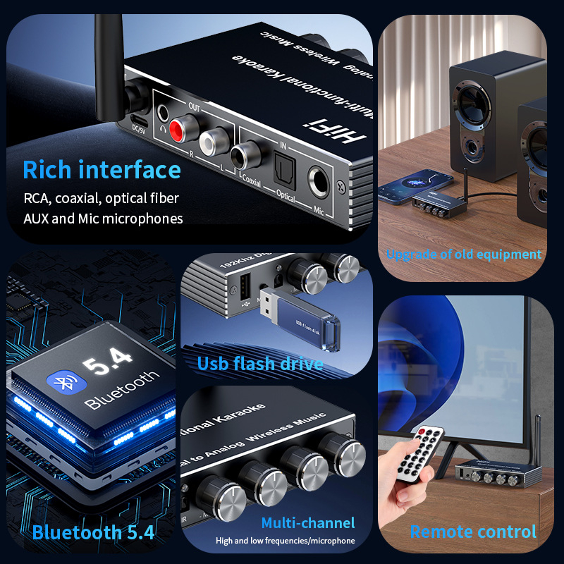 Bluetooth 5.4 приемник и цифрово-аналогов аудио конвертор, възпроизвеждане от USB диск, дистанционно управление на микрофона за караоке