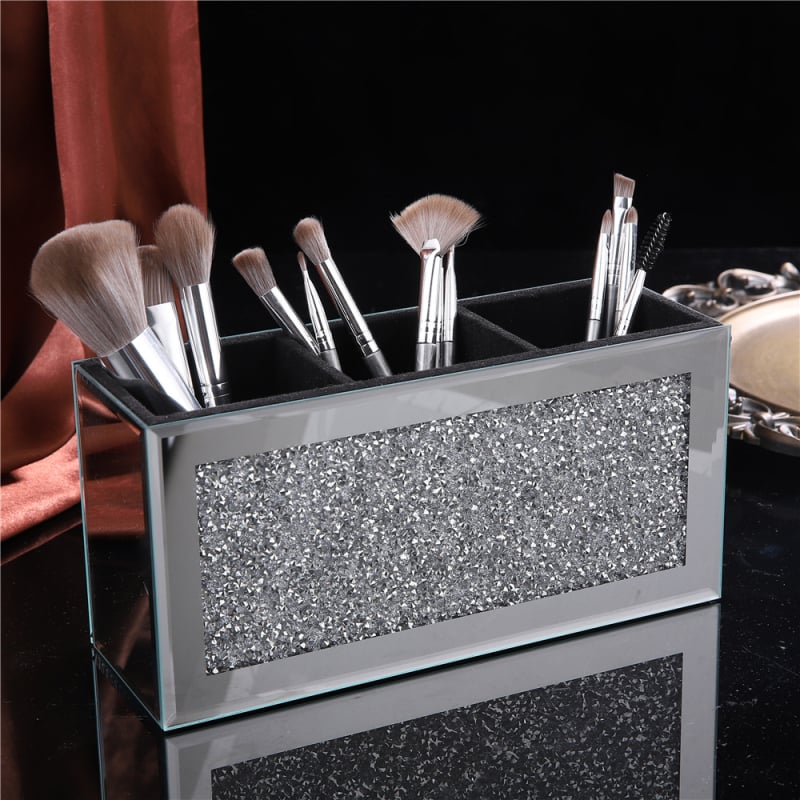 Органайзер за дистанционни, четки за грим и моливи за вежди с огледална повърхност и кристални камъни, с множество отделения за съхранение