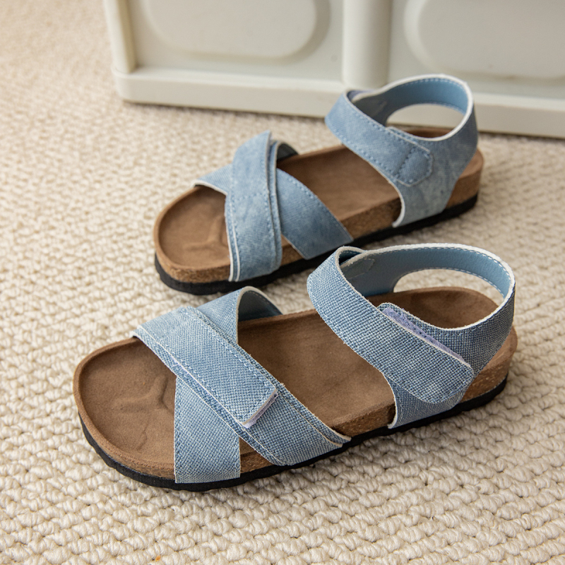 Denim casual dječje sandale s Velcro trakama, ravne i lagane, svijetle i modne za plažu