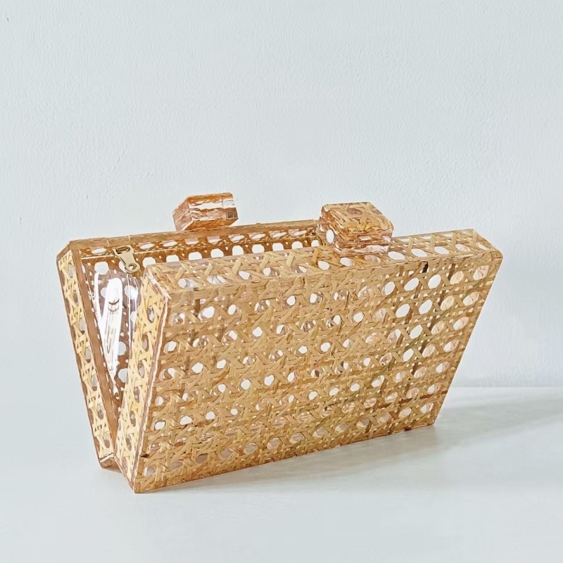 Akril večernja torbica-clutch s retro euro-američkim ratanskim pletenjem i ramenskim lancem