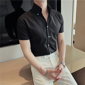 Мъжка бяла риза с къс ръкав за бизнес стил, без гладене, Slim-fit, V-образно деколте