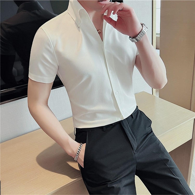 Мъжка бяла риза с къс ръкав за бизнес стил, без гладене, Slim-fit, V-образно деколте