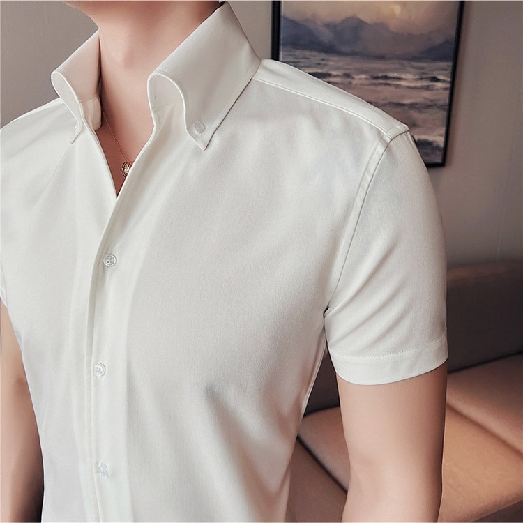 Мъжка бяла риза с къс ръкав за бизнес стил, без гладене, Slim-fit, V-образно деколте