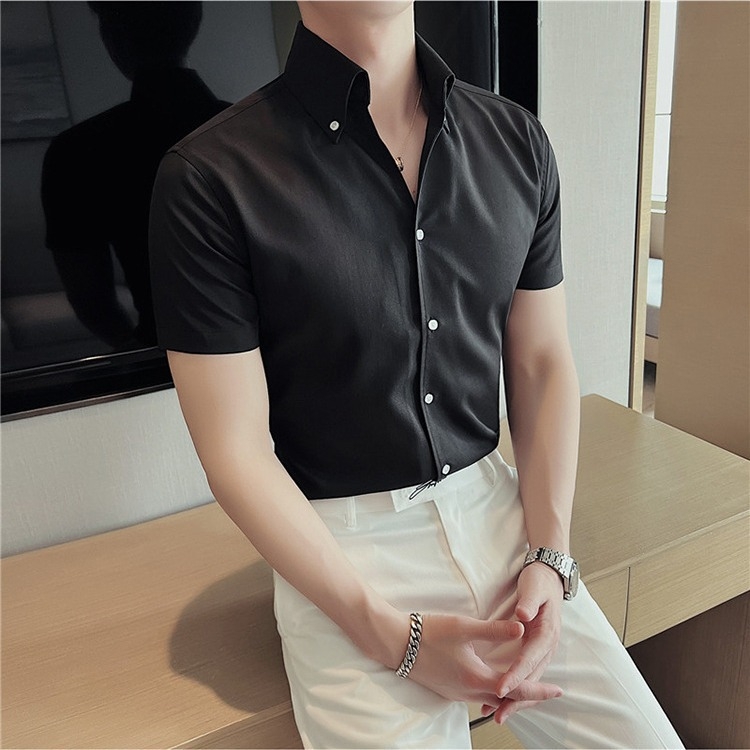 Мъжка бяла риза с къс ръкав за бизнес стил, без гладене, Slim-fit, V-образно деколте