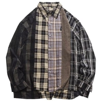 Muška košulja-jacketa s patchwork kariranim uzorkom, dugi rukav, proljeće–jesen, ulični stil, retro japanski utjecaj