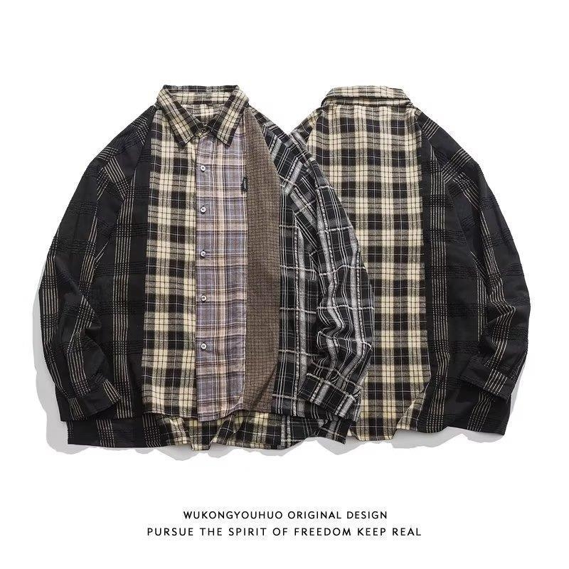 Muška košulja-jacketa s patchwork kariranim uzorkom, dugi rukav, proljeće–jesen, ulični stil, retro japanski utjecaj
