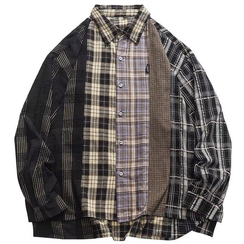 Muška košulja-jacketa s patchwork kariranim uzorkom, dugi rukav, proljeće–jesen, ulični stil, retro japanski utjecaj
