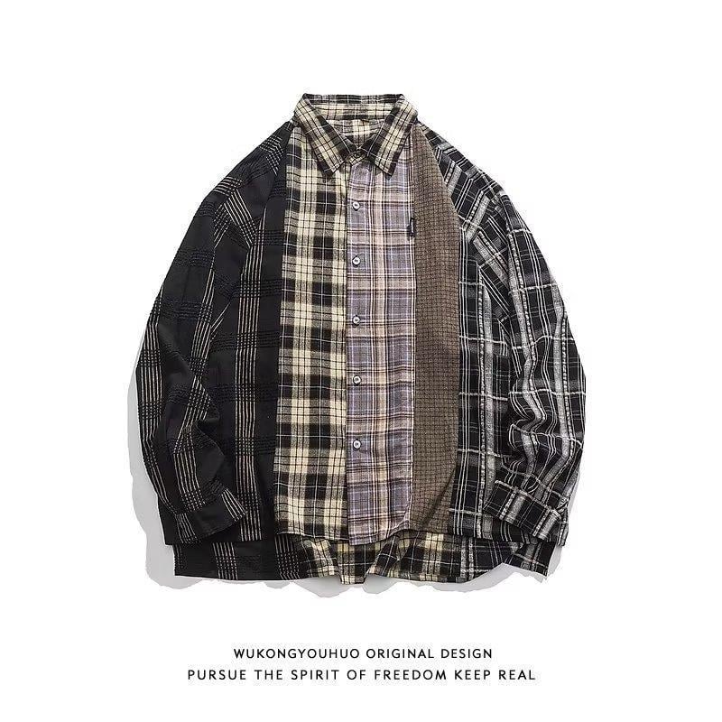 Muška košulja-jacketa s patchwork kariranim uzorkom, dugi rukav, proljeće–jesen, ulični stil, retro japanski utjecaj