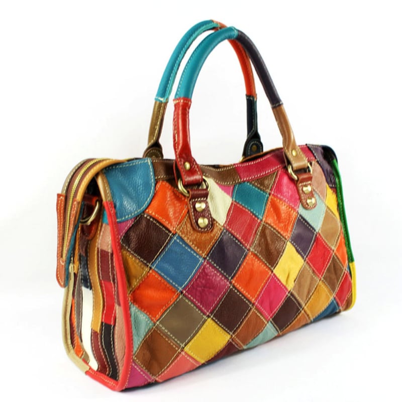 Ženska torba za svakodnevnu uporabu u europskom stilu, šarena prirodna koža s dijamantnim quilt patchworkom, ramena i crossbody, stil motocikla