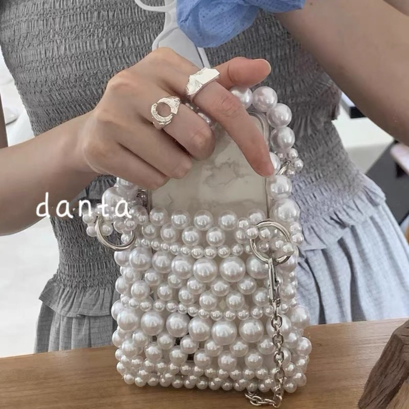Crossbody torba s perlama, metalno srebrna, ručno pletene perle, džep za ruž, novčanik i ključeve