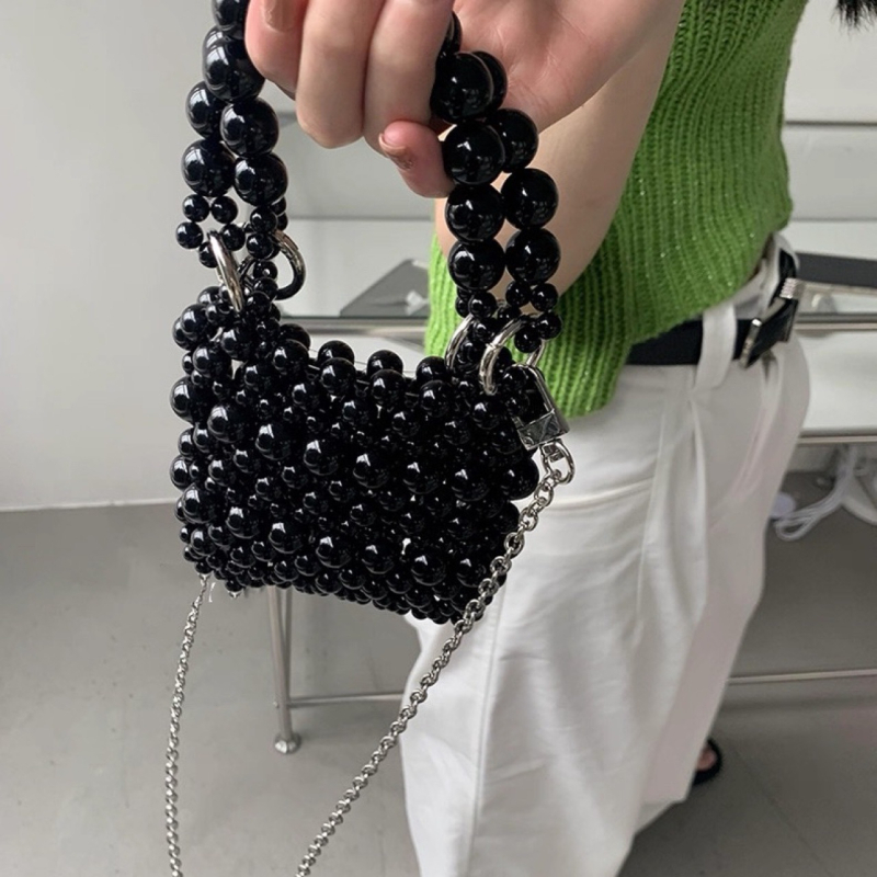 Crossbody torba s perlama, metalno srebrna, ručno pletene perle, džep za ruž, novčanik i ključeve