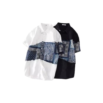 Muška košulja od 100% pamuka s kratkim rukavima, patchwork efekt istrošen, japanski stil, izrada po narudžbi