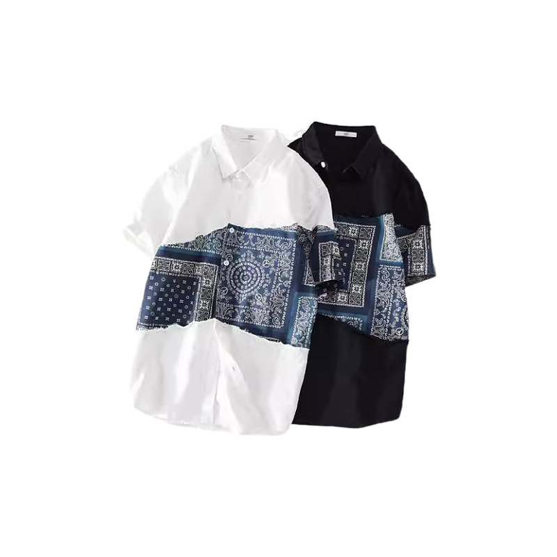 Muška košulja od 100% pamuka s kratkim rukavima, patchwork efekt istrošen, japanski stil, izrada po narudžbi