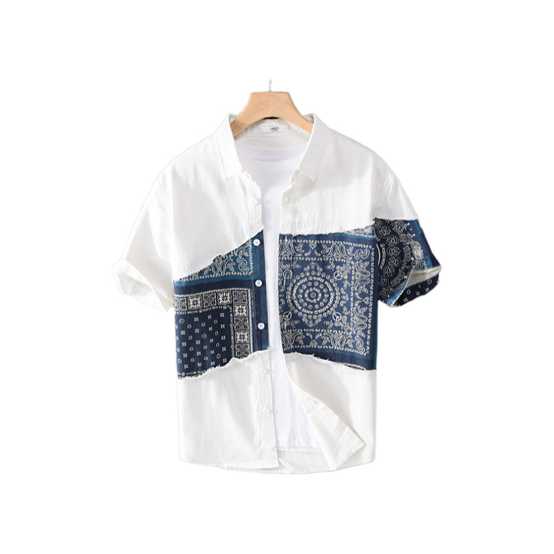 Muška košulja od 100% pamuka s kratkim rukavima, patchwork efekt istrošen, japanski stil, izrada po narudžbi