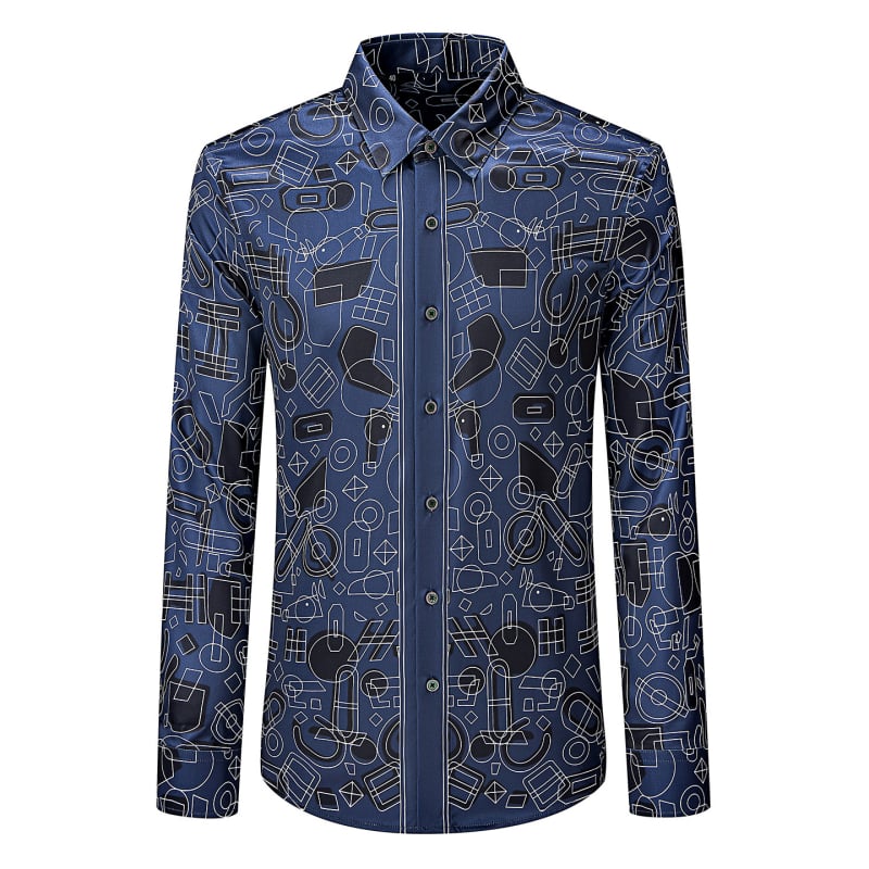 Мъжка риза с дълги ръкави, slim-fit, антибръчкова, без гладене, геометричен принт, бизнес-кежуал