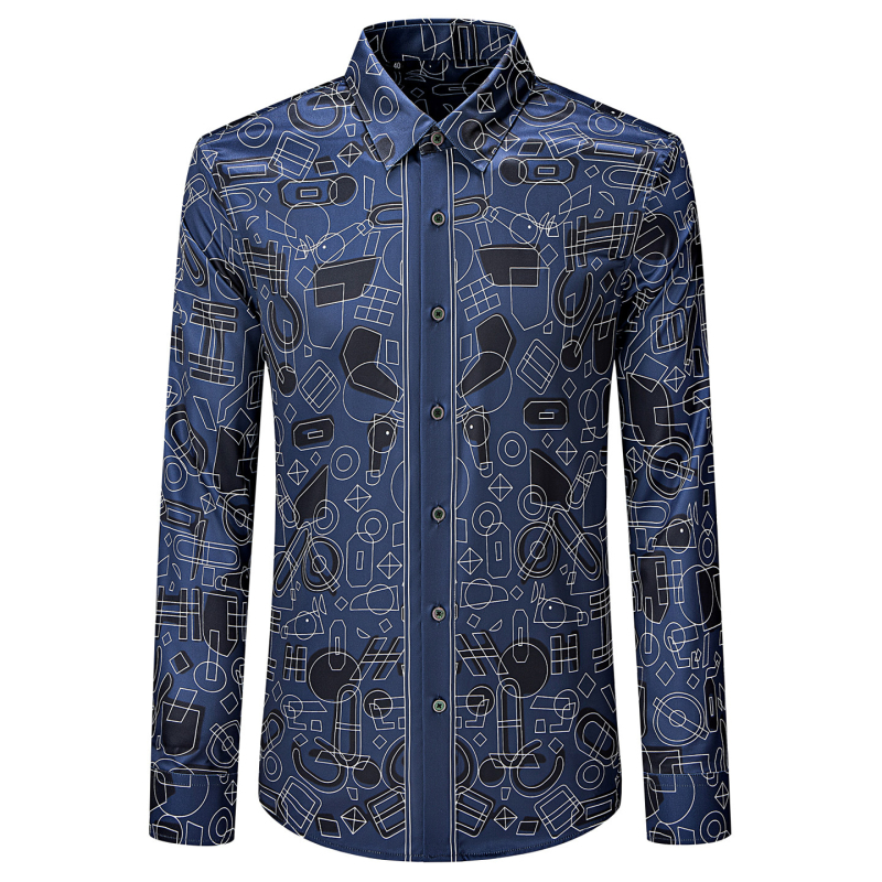 Мъжка риза с дълги ръкави, slim-fit, антибръчкова, без гладене, геометричен принт, бизнес-кежуал