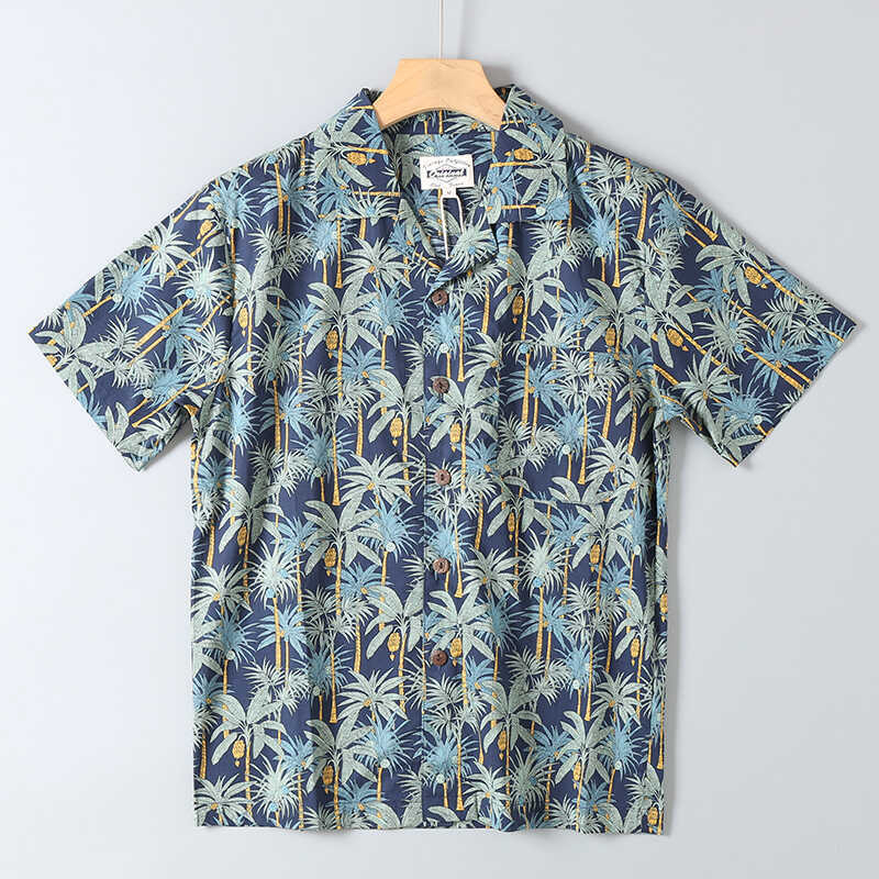 Prilagođena košulja u hongkonškom stilu, retro havajska, 100% pamuk, udoban kroj, kubanski ovratnik, kratki rukavi, plažna košulja, unisex