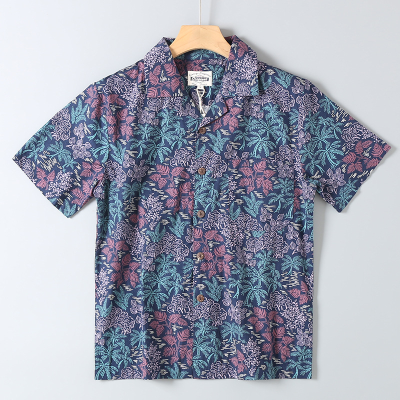 Prilagođena košulja u hongkonškom stilu, retro havajska, 100% pamuk, udoban kroj, kubanski ovratnik, kratki rukavi, plažna košulja, unisex