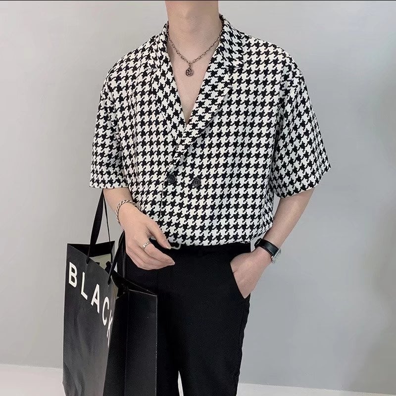 Muška lagana košulja poslovnog ležernog stila s houndstooth uzorom, dvostruki gumbi, opušten kroj, retro visoke kvalitete