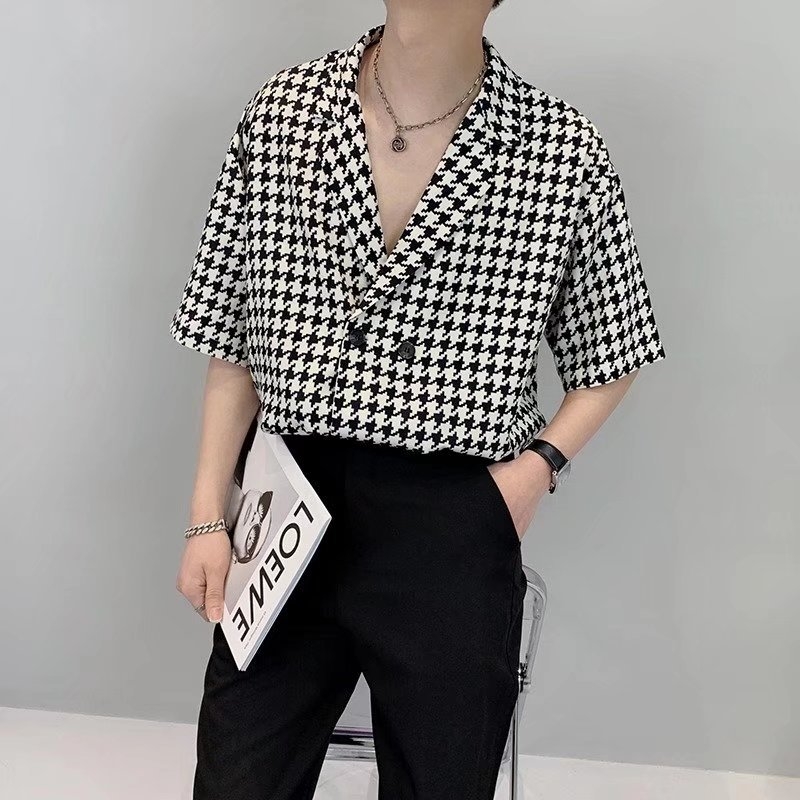 Muška lagana košulja poslovnog ležernog stila s houndstooth uzorom, dvostruki gumbi, opušten kroj, retro visoke kvalitete