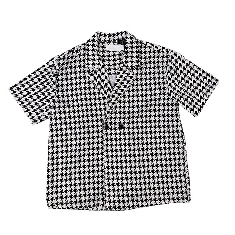 Muška lagana košulja poslovnog ležernog stila s houndstooth uzorom, dvostruki gumbi, opušten kroj, retro visoke kvalitete