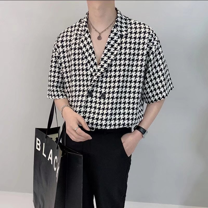Muška lagana košulja poslovnog ležernog stila s houndstooth uzorom, dvostruki gumbi, opušten kroj, retro visoke kvalitete