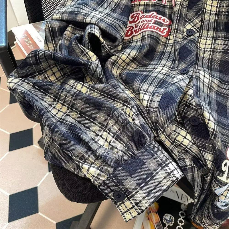 Muška košulja s dugim rukavima, karirano i prugasto, američki stil, opuštena silueta