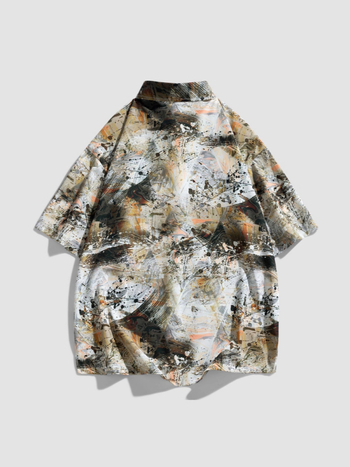Vintage košulja-jakna s kratkim rukavima, floralni uzorak, camel boja, poliester, bez glačanja