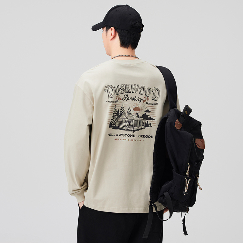 Muški visokokvalitetni jesenski T-shirt dugih rukava s printom, širokog kroja, okrugli izrez, casual osnovni komad.