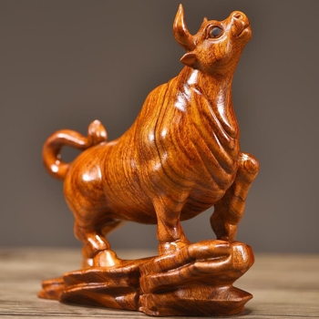 Mahagonijeva drvena bikova figurica, zodijak Bik, ukras za dom, dnevni boravak i radni stol