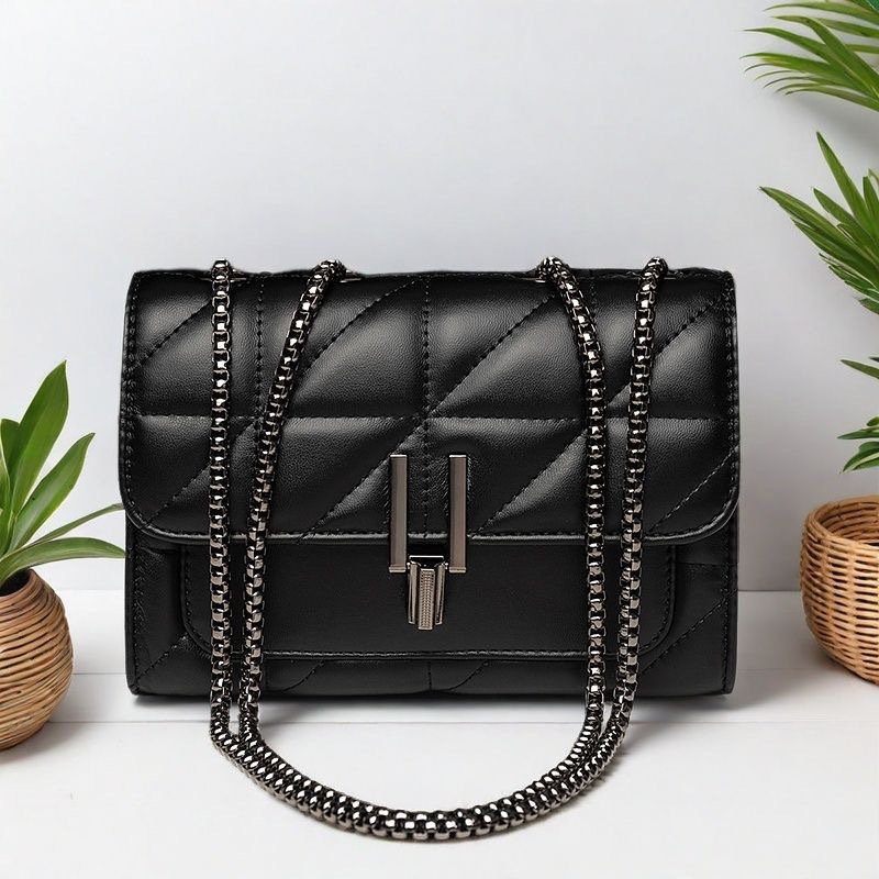 Gradska PU crossbody torbica s izšivenim lancem i zatvaračem, jednim ramennom, srednja veličina, kvadratnog oblika, unutarnja džep